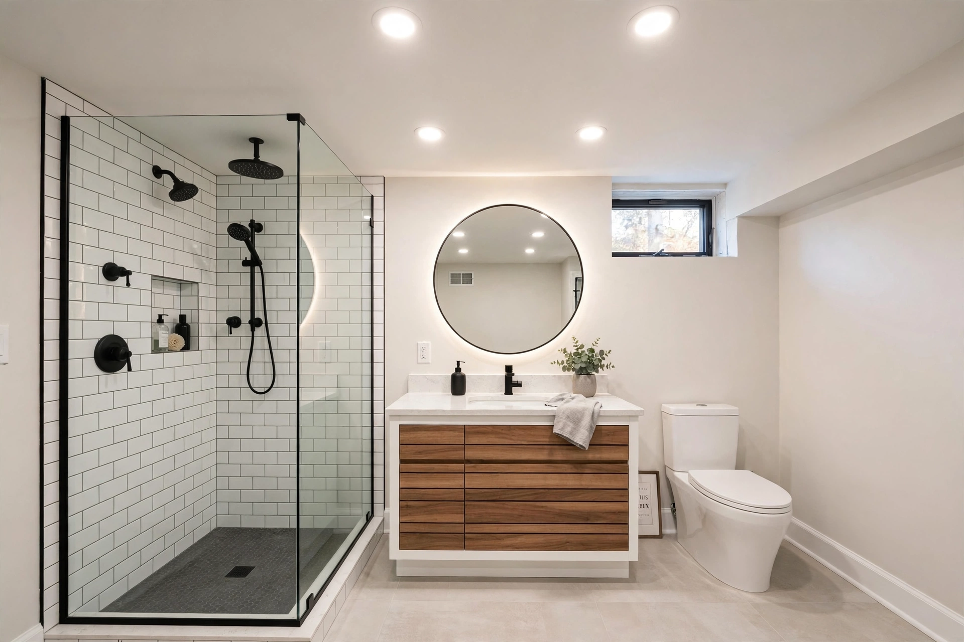 Finished modern Naperville basement bathroom after remodeling — subway tile shower, backlit mirror