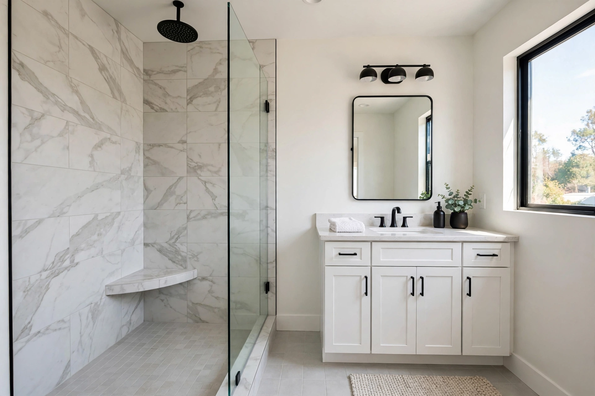New curbless walk-in shower with marble-look tile, rainfall head and tiled bench after conversion