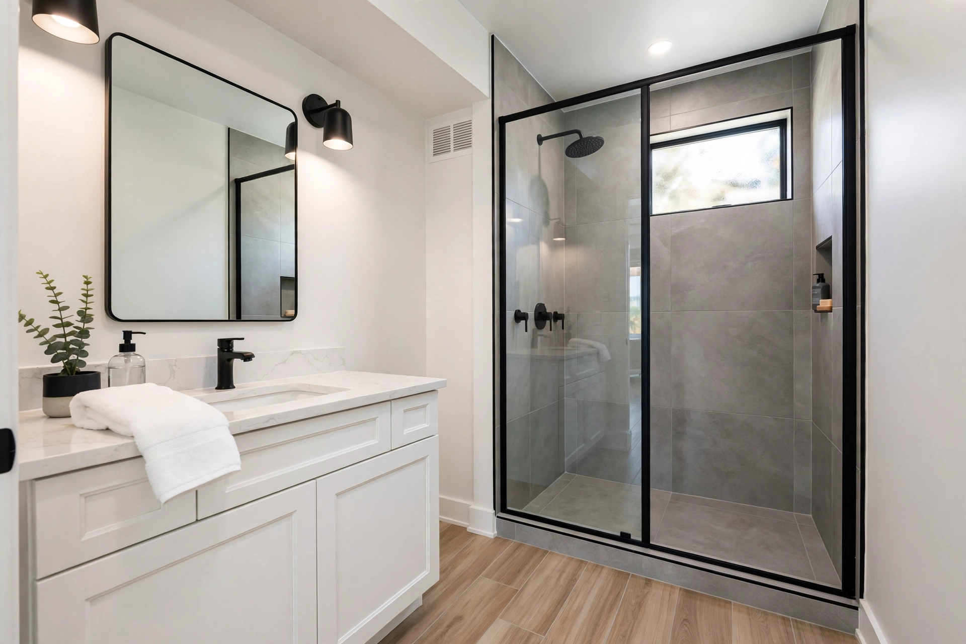 Renovated Naperville hall bathroom after remodeling — white shaker vanity, quartz top, matte black fixtures