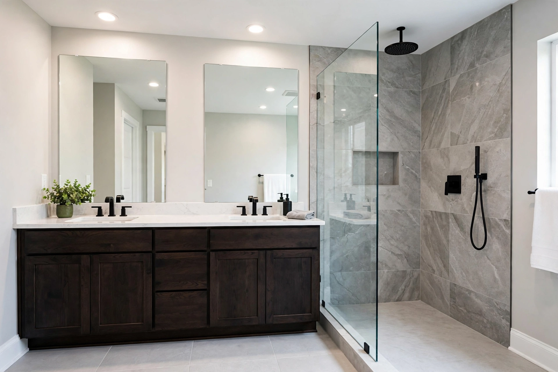 Remodeled modern Naperville primary bathroom with double vanity and curbless walk-in shower