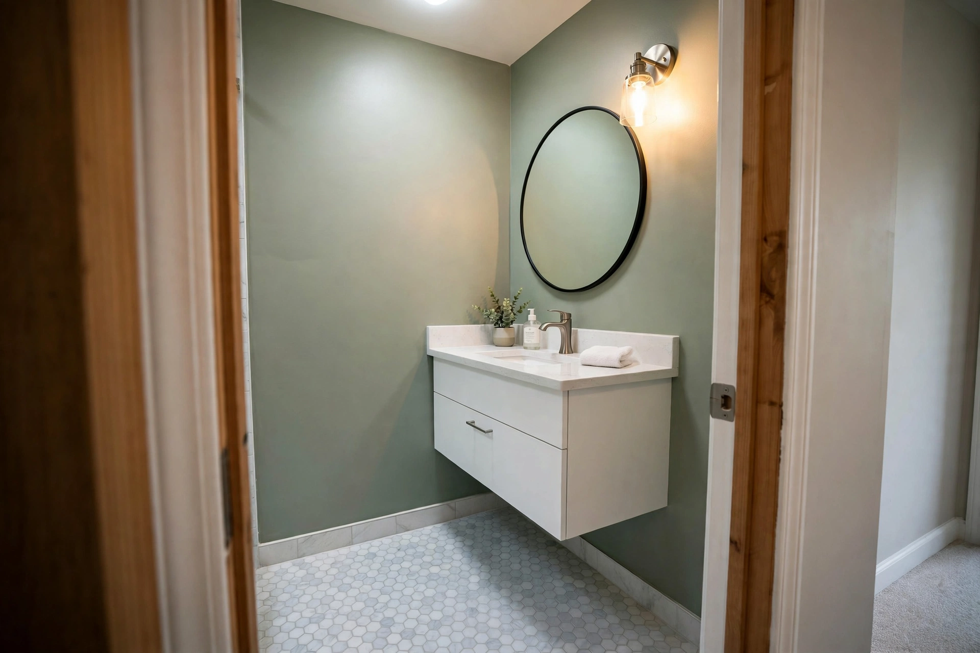Remodeled small Naperville powder room with floating vanity, large mirror and modern lighting