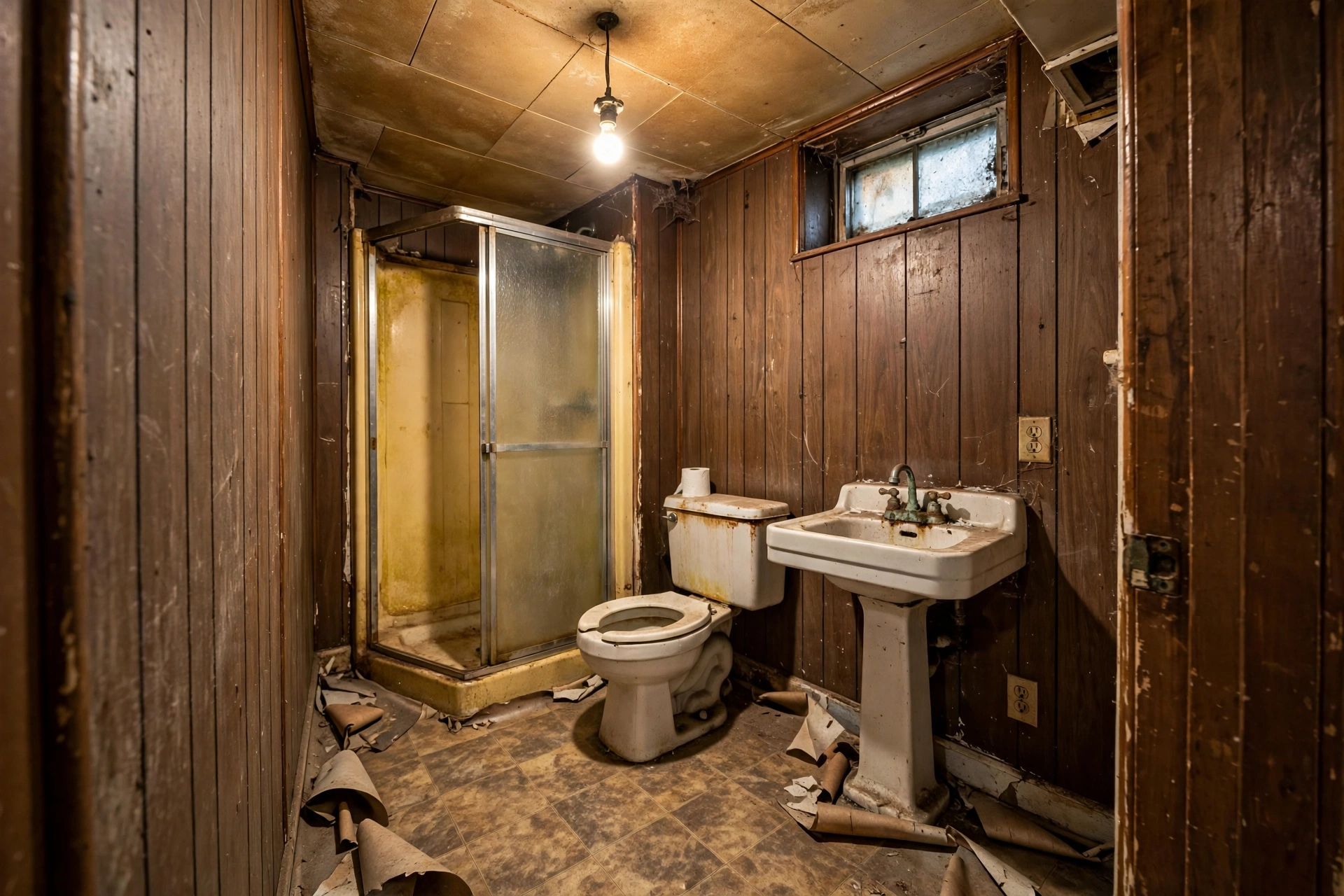 Old unfinished Naperville basement bathroom before remodeling — yellowed shower stall, peeling vinyl floor
