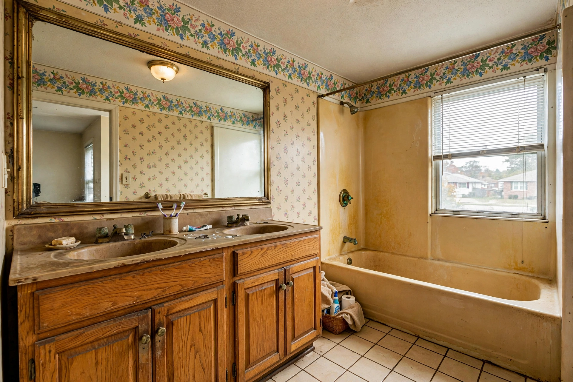 Dated 1980s Naperville primary bathroom before remodeling — floral wallpaper, oak vanity, almond tub