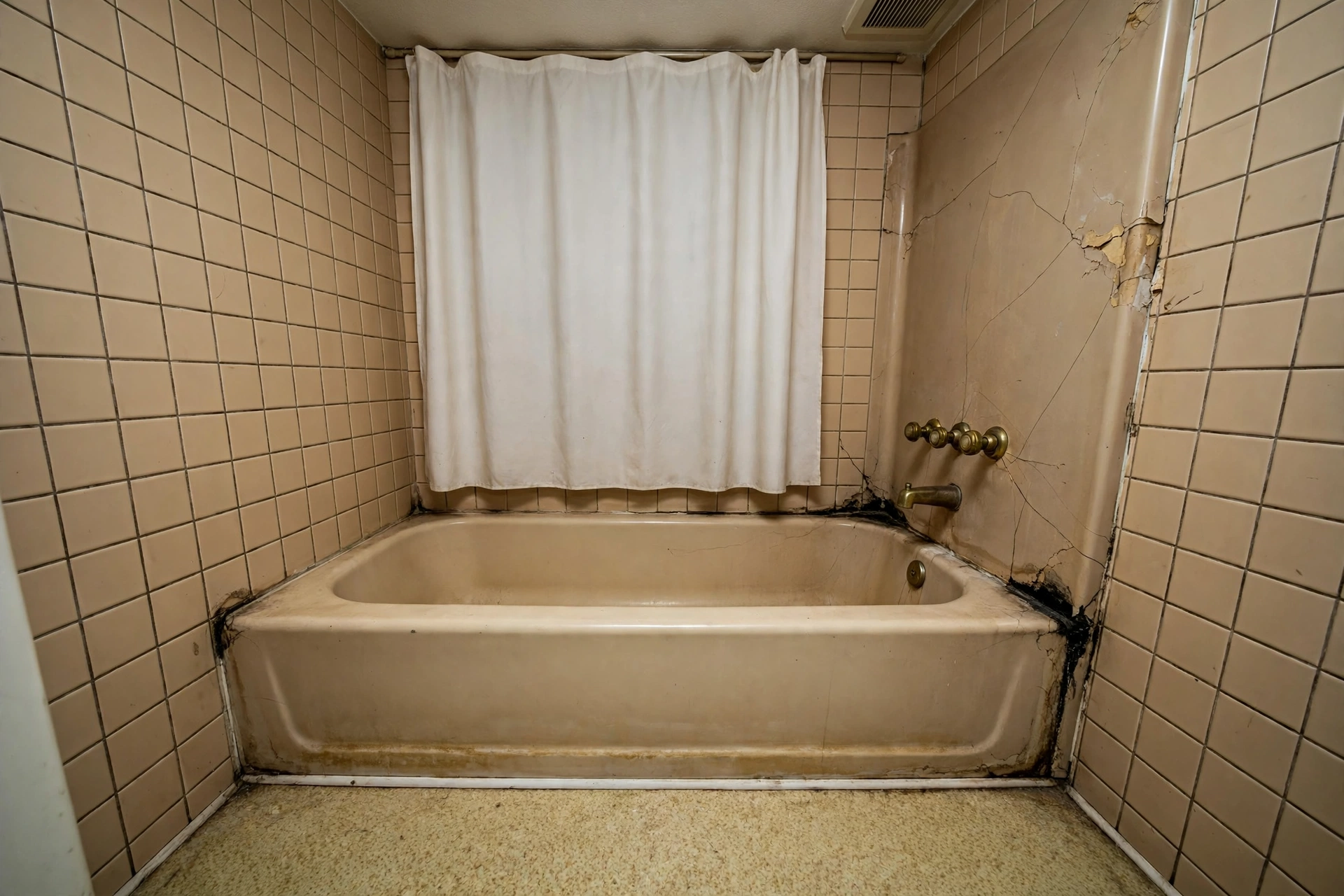 Dated almond tub with cracked surround and moldy caulk in a Naperville home before tub-to-shower conversion