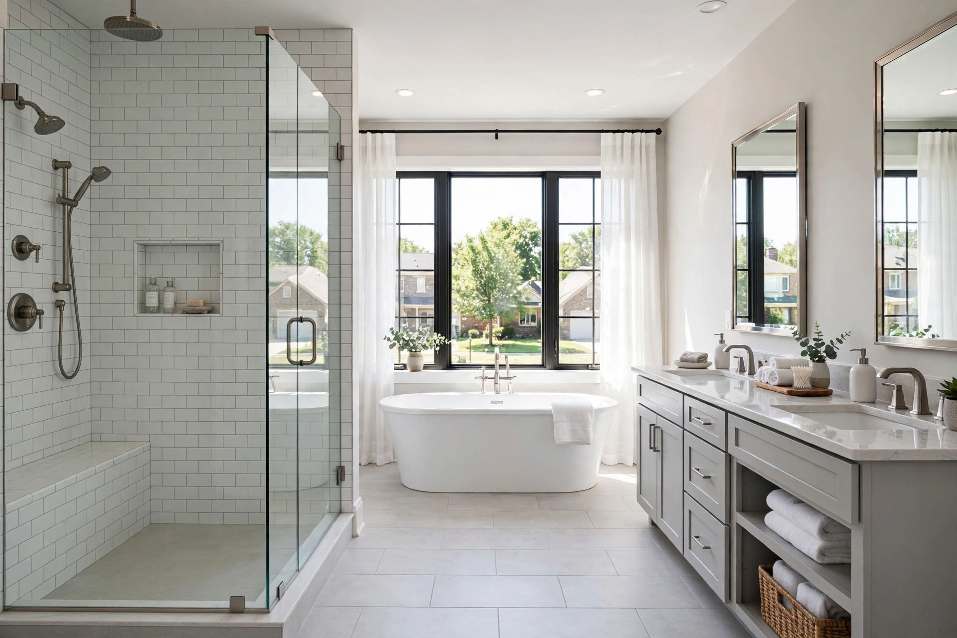Modern Naperville primary bathroom with proper ventilation and heated floors